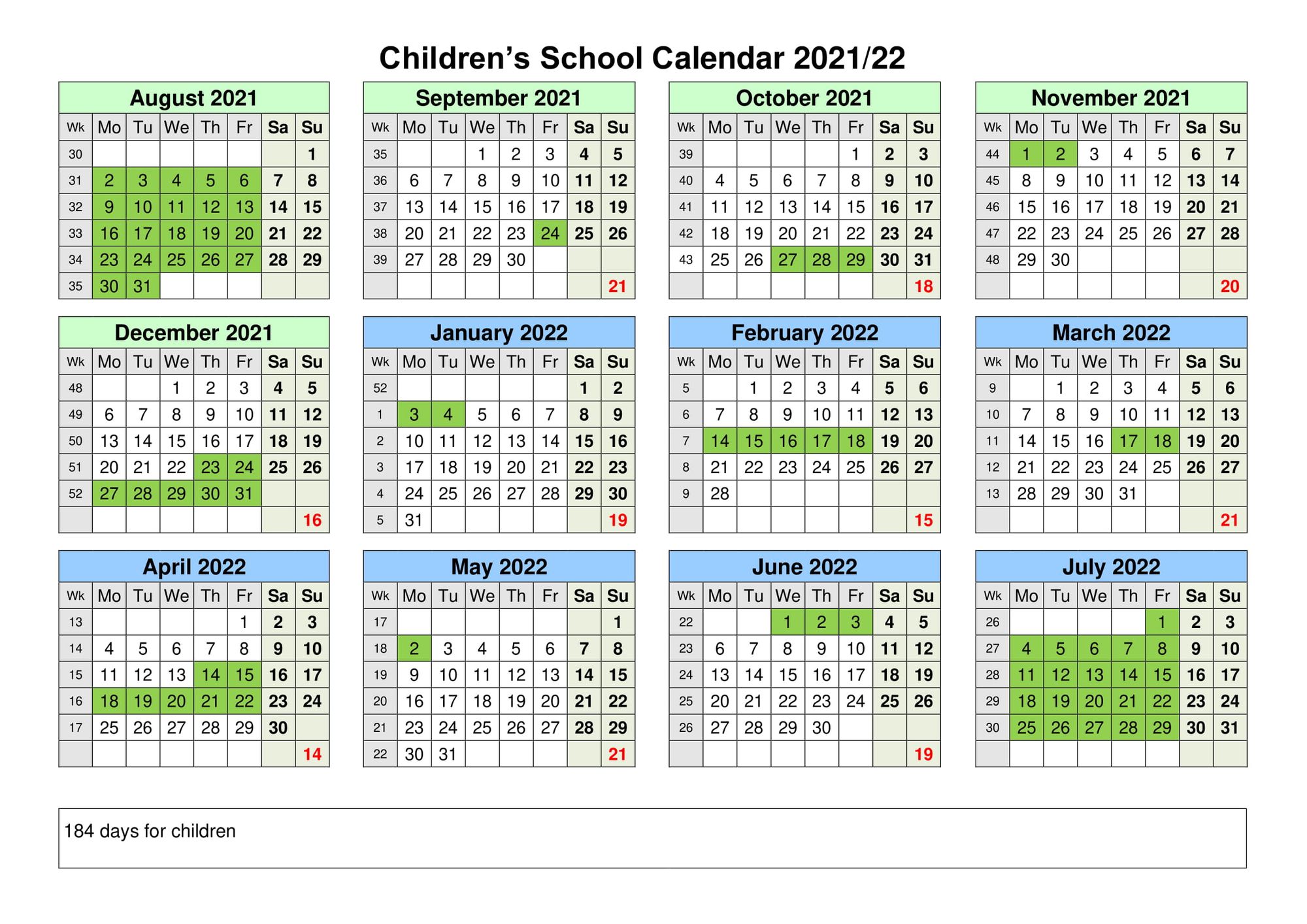 School Calendar 2021/22