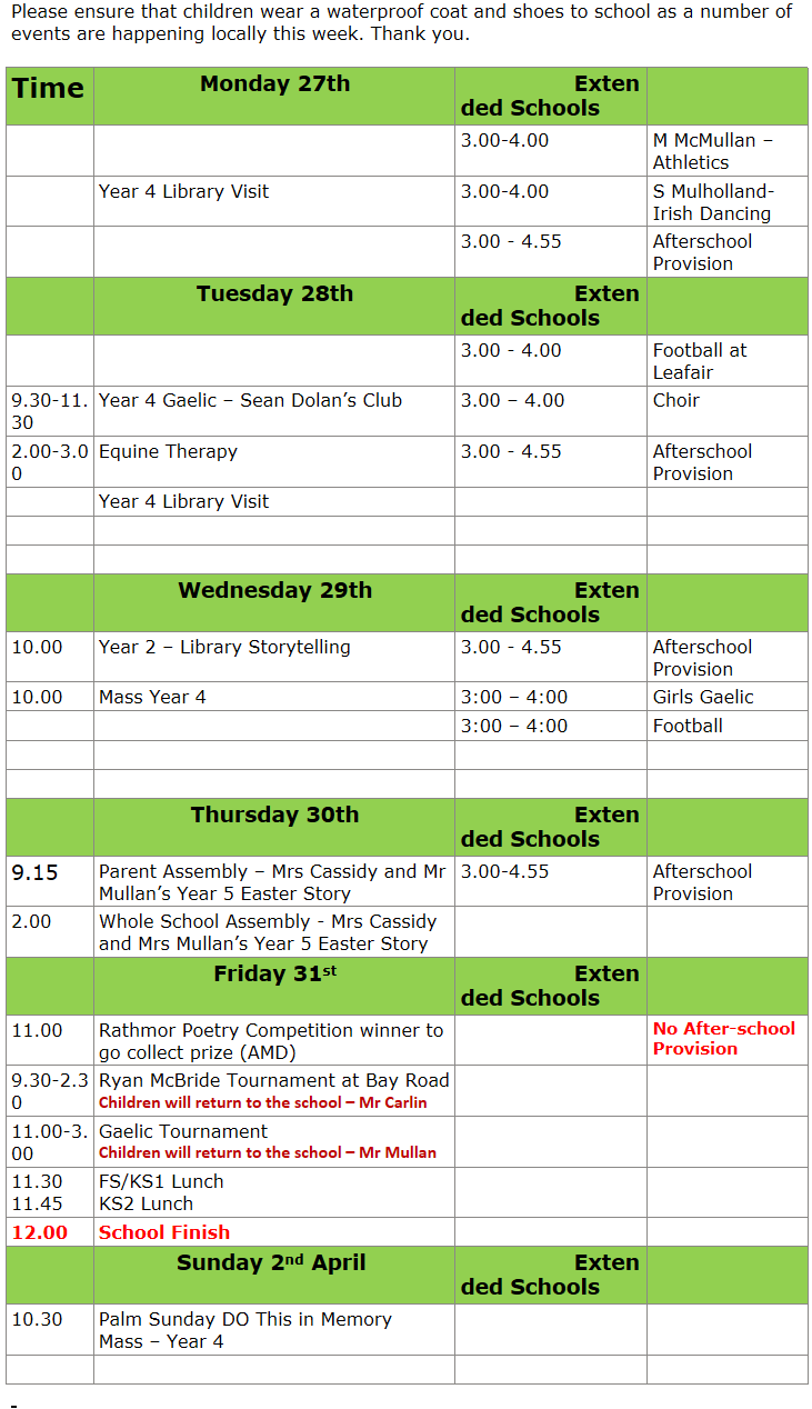Weekly Events Timetable 27/03/23
