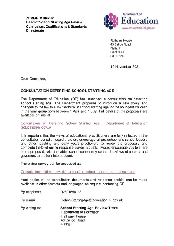 DofE - Letter to Consultee - Consultation on Deferral of School Starting Age