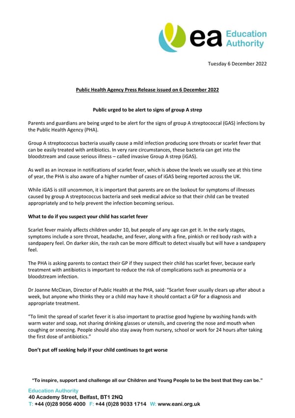 PHA guidance regarding strep A infections