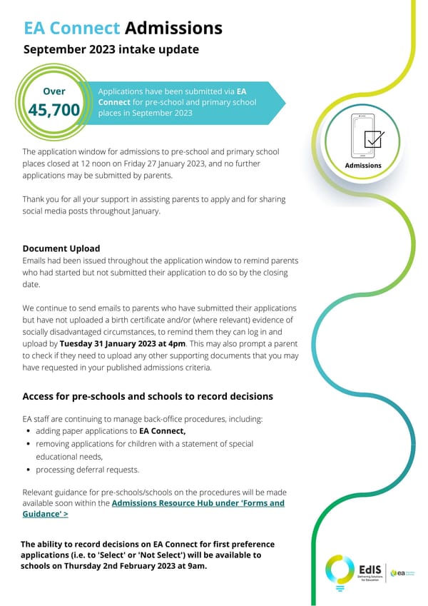 EA Connect Admissions – September 2023 intake update
