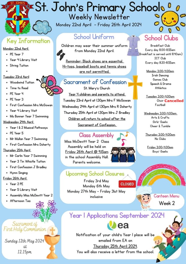 Weekly Newsletter Monday 22nd April 2024