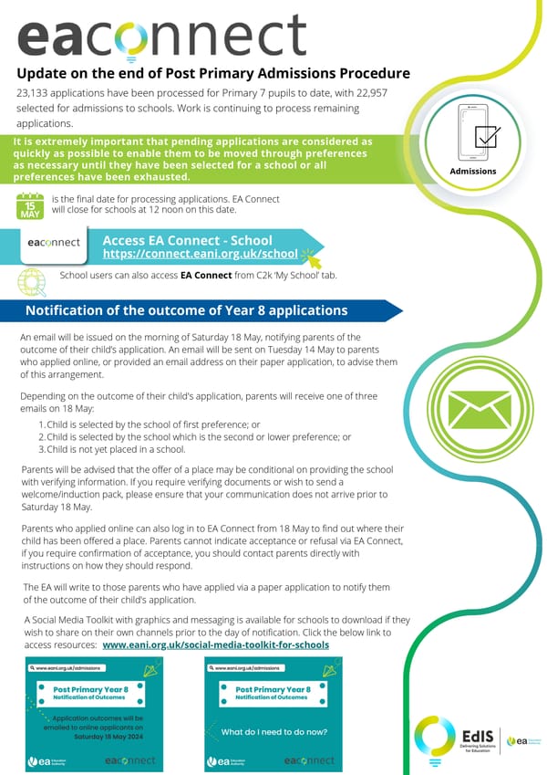 EAConnect: Update on the end of Post Primary Admissions Procedure