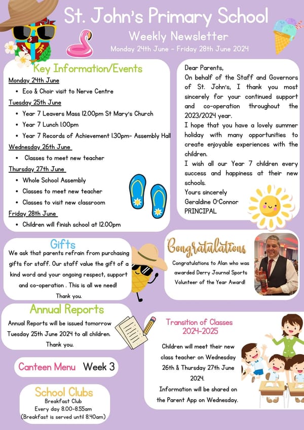Weekly Newsletter Monday 24th June 2024