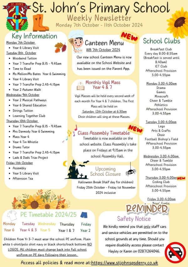 Weekly Newsletter Monday 7th October 2024