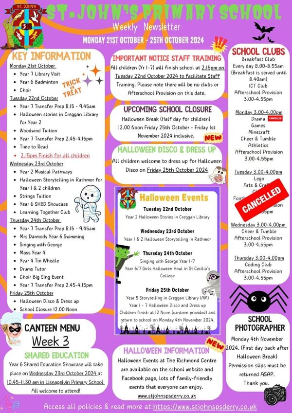 Weekly Newsletter Monday 21st October 2024
