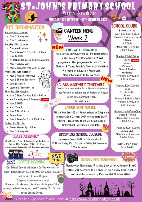 Weekly Newsletter WB Monday 14th October 2024
