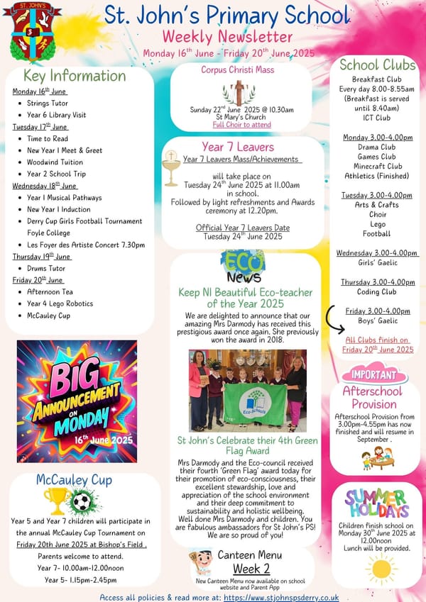 Weekly Newsletter Monday 16th June 2025