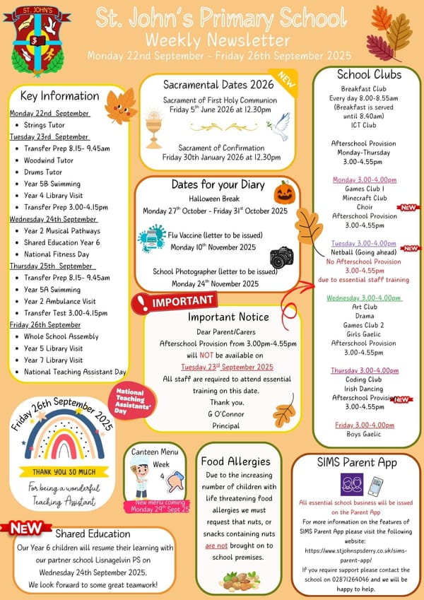 Weekly Newsletter Monday 22nd September 2025