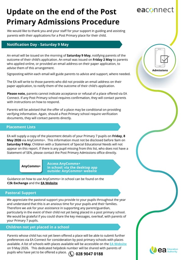 Update on the end of the Post-Primary Admissions Procedure 2026